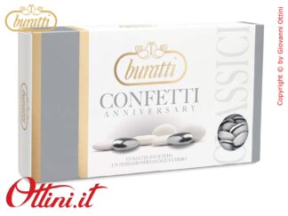 Confetti Buratti al cioccolato fondente colore argento per anniversari dei 25 anni di matrimonio, le nozze d'argento, Prodotto totalmente commestibile.