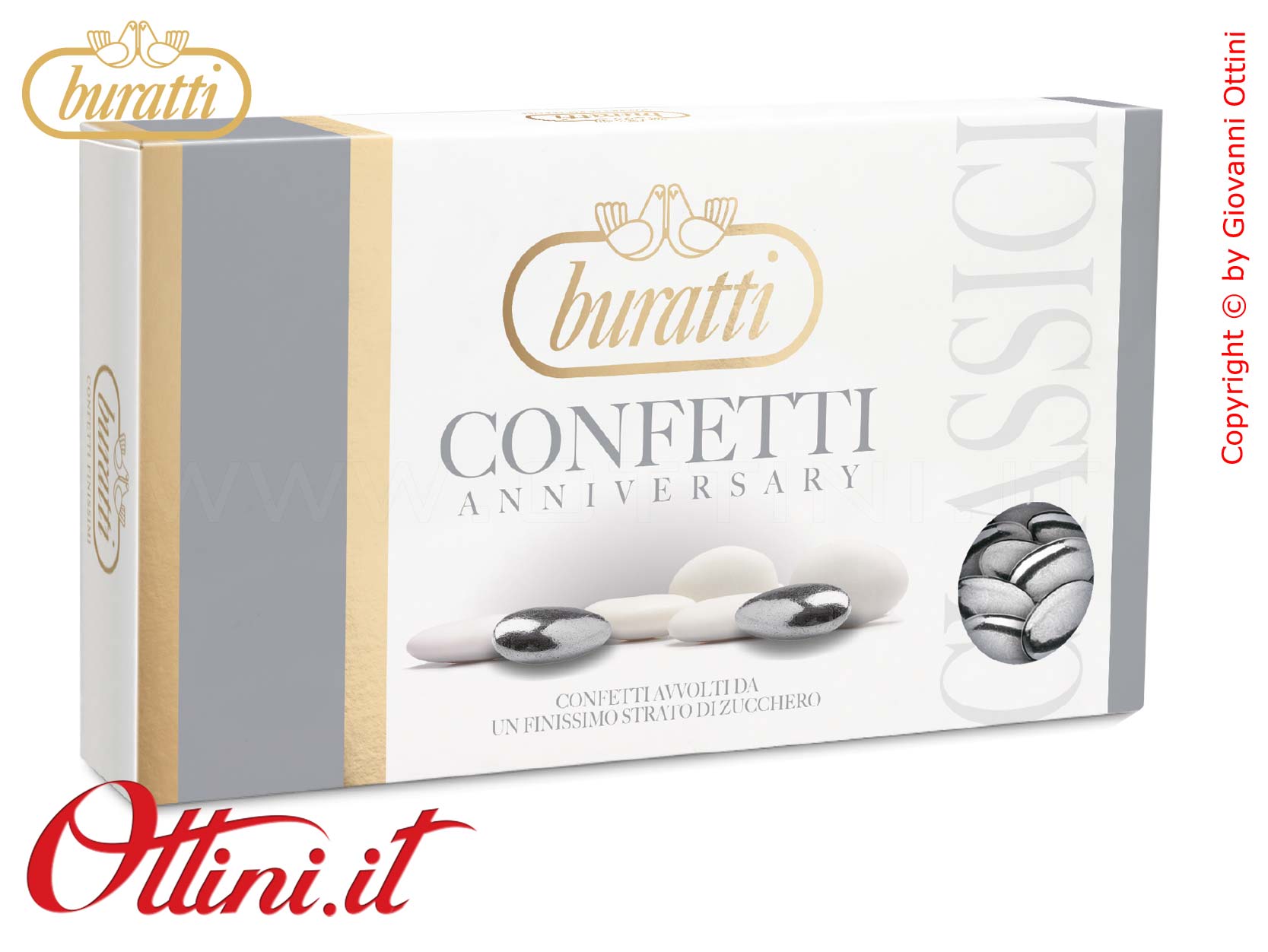 Confetti Buratti al cioccolato fondente colore argento per anniversari dei 25 anni di matrimonio, le nozze d'argento, Prodotto totalmente commestibile.