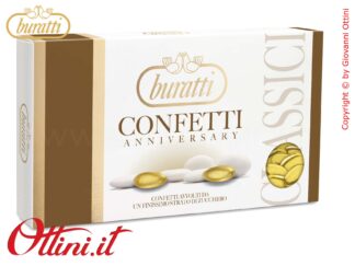 Confetti Buratti al cioccolato fondente colore oro indicati per gli anniversari dei 50 anni di matrimonio, le nozze d'oro, Prodotto totalmente commestibile.