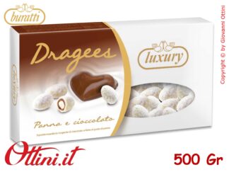 Dragées Panna e Cioccolato con Cioccolato Spolverato Buratti in scatola ideali per confettate. Cuore di mandorla e rivestiti di morbido cioccolato