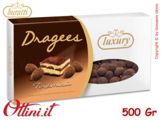 Dragées Tiramisù con Cioccolato Spolverato Buratti in scatola da 500 grammi, ideali per confettate. Cuore di mandorla e rivestiti di morbido cioccolato