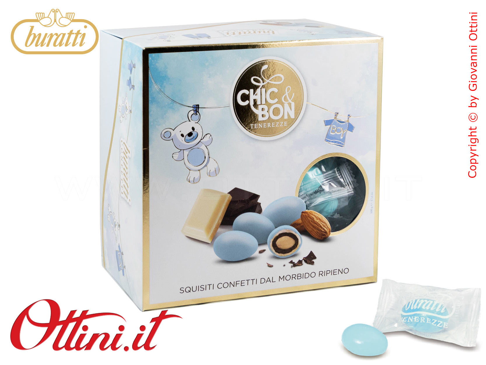TEAZVAS Confetti Buratti Tenerezze Azzurre Incartate Monodose Gusto Classico con mandorla ricoperta di Cioccolato al Latte - Senza Glutine