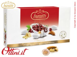 TEAM100 Confetti Buratti Tenerezze Bianche Amarena con mandorla ricoperta di Cioccolato Bianco Aromatizzato in scatole da 1 kg ideali per confettate Senza Glutine