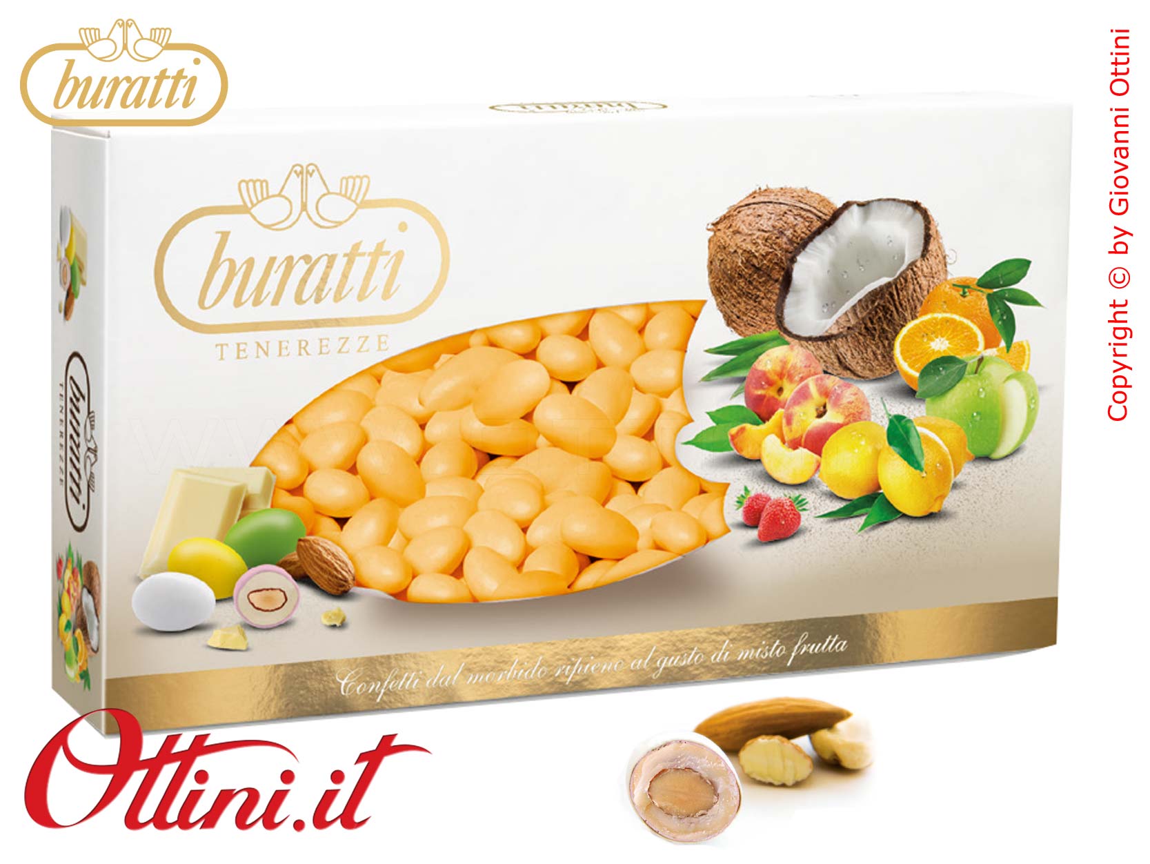 TEAA100 Confetti Buratti Tenerezze Arancio con mandorla ricoperta di Cioccolato Bianco Aromatizzato all'arancia ideali per confettate - Senza Glutine