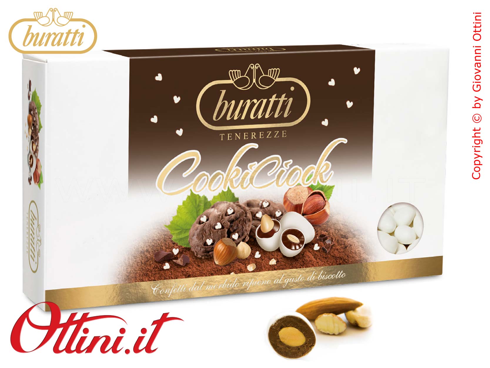 TECK100 Confetti Buratti Tenerezze Bianche Cookieciock con mandorla ricoperta di Cioccolato al gusto di biscotto pan di stelle - Senza Glutin