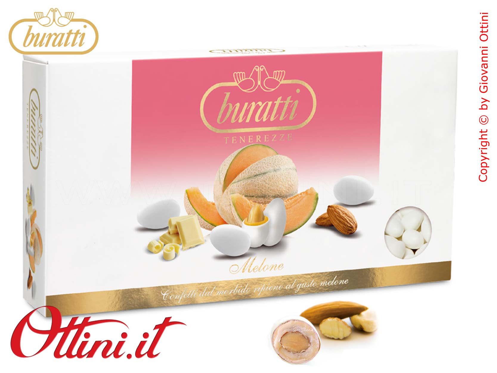 TEME100 Confetti Buratti Tenerezze Bianche Gusto Melone con mandorla ricoperta di Cioccolato bianco al latte - ideale per confettate - Senza Glutine
