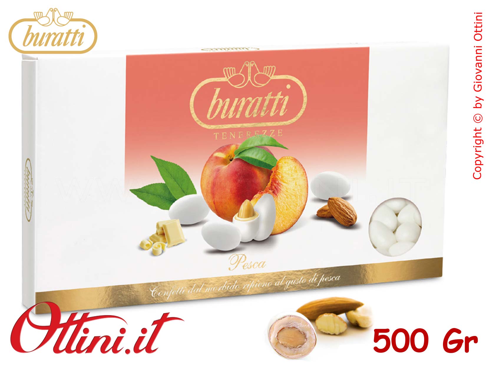 TEPE050 Confetti Buratti Tenerezze Bianche Pesca con mandorla ricoperta di Cioccolato Bianco Aromatizzato alla pesca - Senza Glutine kg 0,500