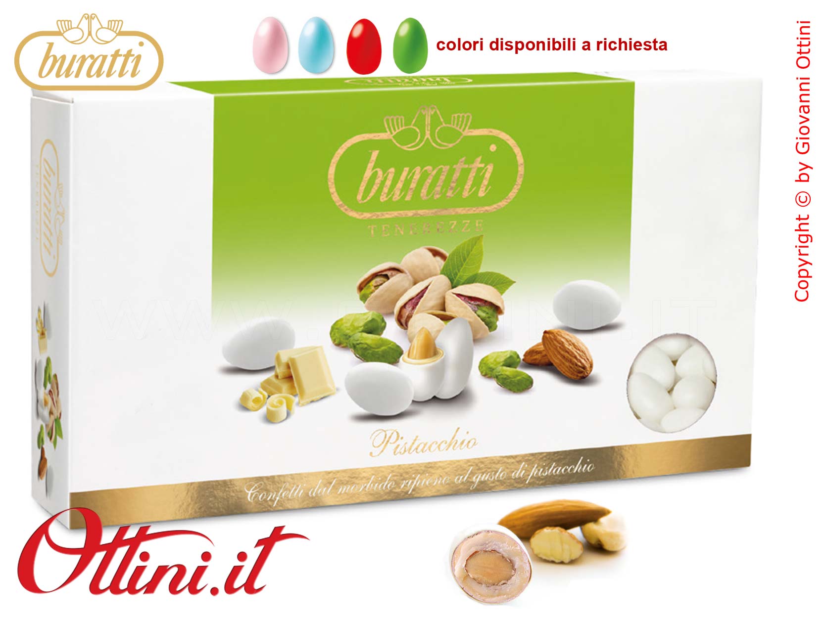 TEPI100 Confetti Buratti Tenerezze Bianche Gusto Pistacchio con mandorla ricoperta di Cioccolato bianco al latte - ideale per confettate - Senza Glutine