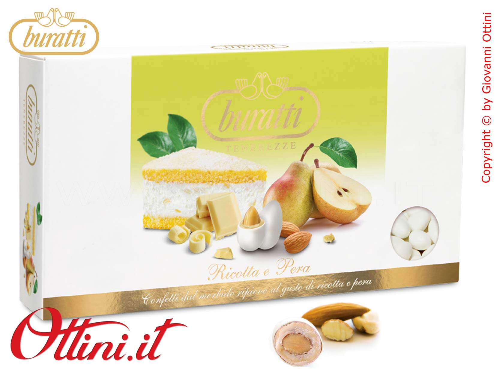 TERP100 TConfetti Senza Glutine Buratti Tenerezze Bianche Ricotta e Pera con mandorla ricoperta di Cioccolato Bianco aromatizzato ideali per confettate