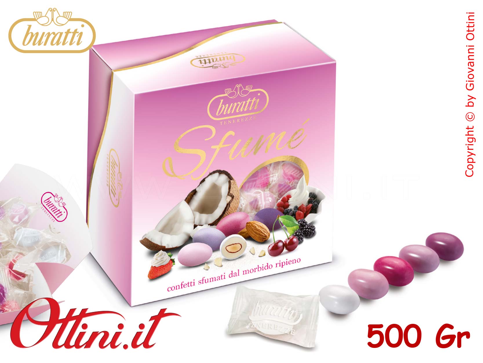FUROVAS Confetti Buratti Tenerezze Sfumè Rosa Incartate Monodose con mandorla ricoperta di Cioccolato Bianco Aromatizzato - Senza Glutine