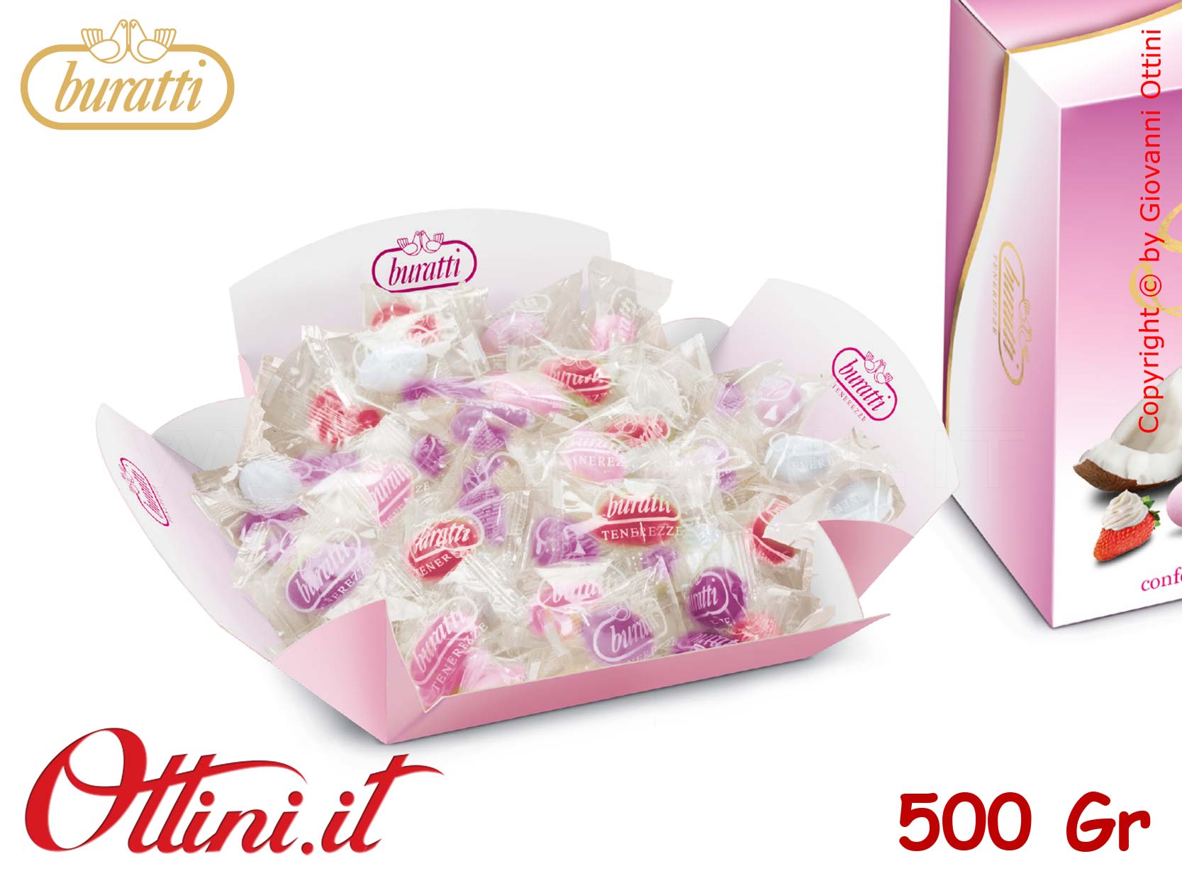 FUROVAS Confetti Buratti Tenerezze Sfumè Rosa Incartate Monodose con mandorla ricoperta di Cioccolato Bianco Aromatizzato - Senza Glutine