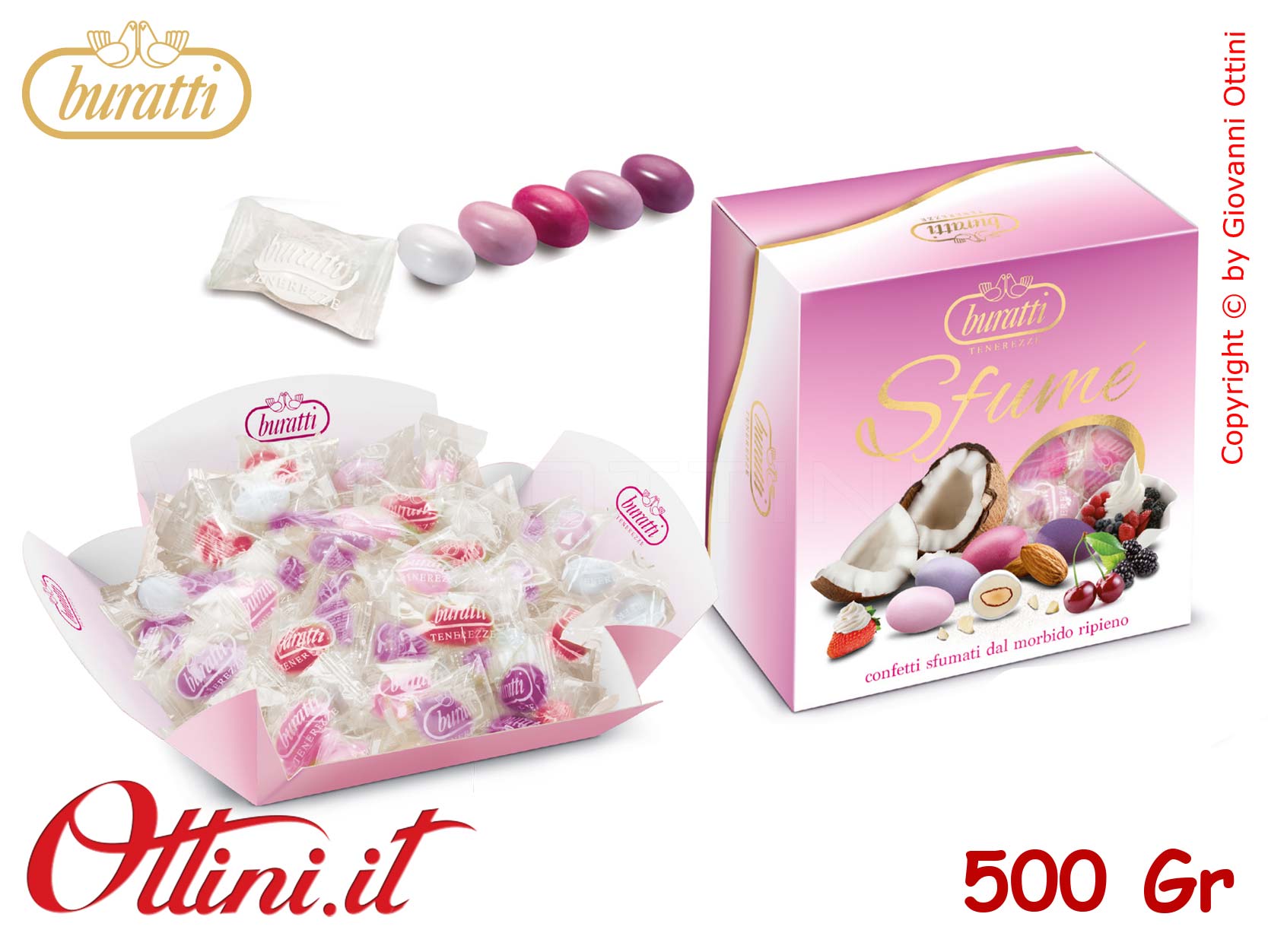 FUROVAS Confetti Buratti Tenerezze Sfumè Rosa Incartate Monodose con mandorla ricoperta di Cioccolato Bianco Aromatizzato - Senza Glutine