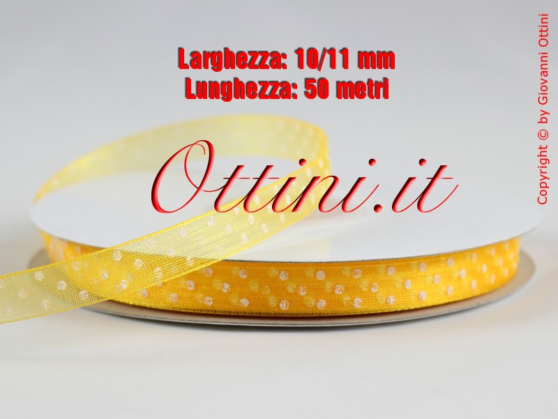 Rotolo da 50 mt di Nastro colore Giallo a Pois da 10mm in Organza Kristall di ottima qualità. Nastrino adatto per la confezione di bomboniere e packaging