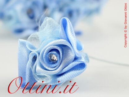 fiore artificiale fiori artificiali per acconciature confezione sacchettini bomboniera, composizioni composizione fiorellino raso azzurro celeste cielo con strass accessori accessorio decoro