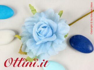 Fiori Artificiali per confezione sacchettini bomboniera, Rosa in tessuto, rosellina celeste azzurra, accessori decoro