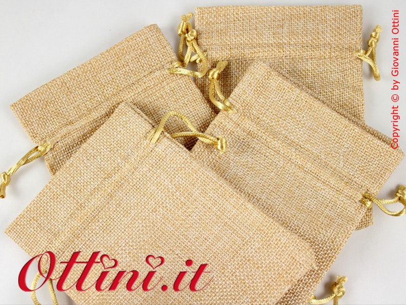 sacchettino Sacchetto bomboniera in Stoffa aspetto juta colore beige marroncino marrone con lacci laccetti preinfilati fai da te sacchetti vuoti vuoto 10x13