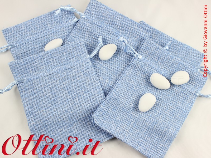 sacchettino Sacchetto bomboniera in Stoffa aspetto juta colore cielo celeste azzurro con lacci laccetti preinfilati fai da te sacchetti vuoti vuoto 10x13