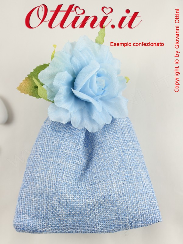 sacchettino Sacchetto bomboniera in Stoffa aspetto juta colore cielo celeste azzurro con lacci laccetti preinfilati fai da te sacchetti vuoti vuoto 10x13