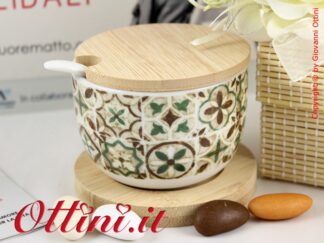 Bomboniera Solidale Cuorematto D6209 Zuccheriera in legno e in ceramica smaltata con cucchiaino e coperchio confezione e partecipazioni omaggio