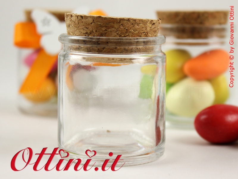 Barattolo Vetro Cilindro Basso con Tappo in Sughero Set 32 Pz dal design rustico, molto bello da personalizzare con nastrini e confetti colorati