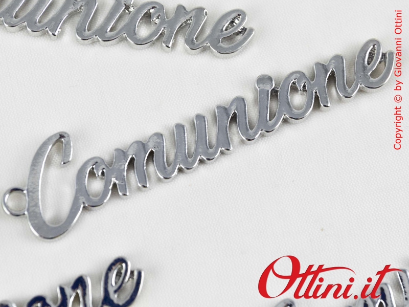 27878 ciondolo decoro Comunione scritta zama argento argentata pendaglio con gancio accessorio accessori per confezioni confezionare sacchetti sacchettini bomboniere prima comunione fai da te