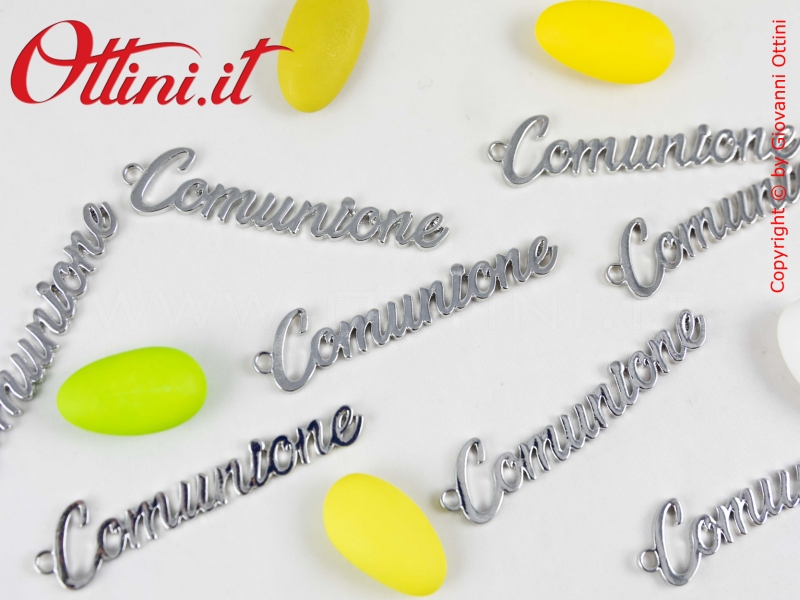 27878 ciondolo decoro Comunione scritta zama argento argentata pendaglio con gancio accessorio accessori per confezioni confezionare sacchetti sacchettini bomboniere prima comunione fai da te