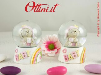 QFC692 Quadrifoglio Palla neve con orsetto rosa Bomboniera Solidale con Confezione