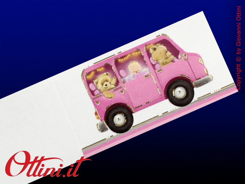 B31584 Bigliettino bomboniera battesimo auto pulmino rosa