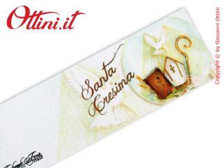 Bigliettino bomboniera in cartoncino patinato dedicato alla Santa Cresima raffigurante, oltre allo Spirito Santo, anche una Mitria con il bastone vescovile