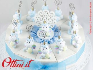 Torta Bomboniera Unicorno Cielo con Memoclip completa di Unicorno centrale con Albero della vita ideale per battesimo o Comunione bambino - 12 fette