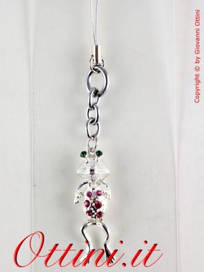 PB9415 Portachiavi porta chiavi ciondolo ciondoli per cellulare per bambini bimbi bambina bimba nascita battesimo comunione cresima rana ranocchia con strass luminosa luccicante brillante trendy fashion happy divertenti vivace felice moderno in metallo ac