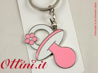 E3179 Portachiavi porta chiavi Ciuccio Ciucciotto rosa e bianco in metallo bambina bimba neonata battesimo accessori accessorio