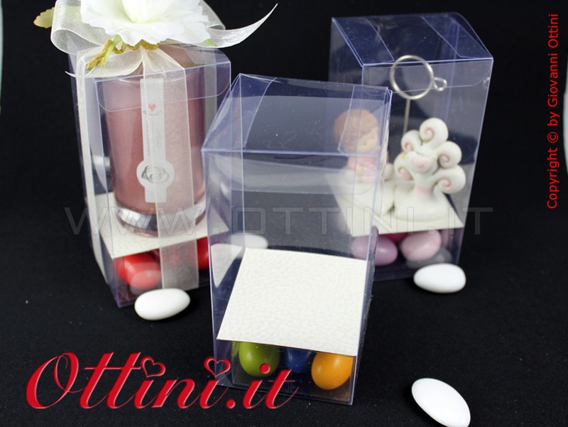 Scatola pvc plastica trasparente per bomboniera. Scatola acetato. Scatole per confezione bomboniere. Kit scatola pvc con box confetti.