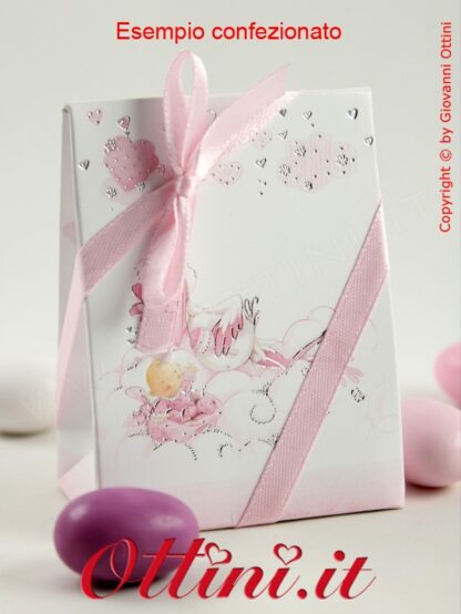 Scatolina cicogna rosa porta confetti per Nascita e Battesimo