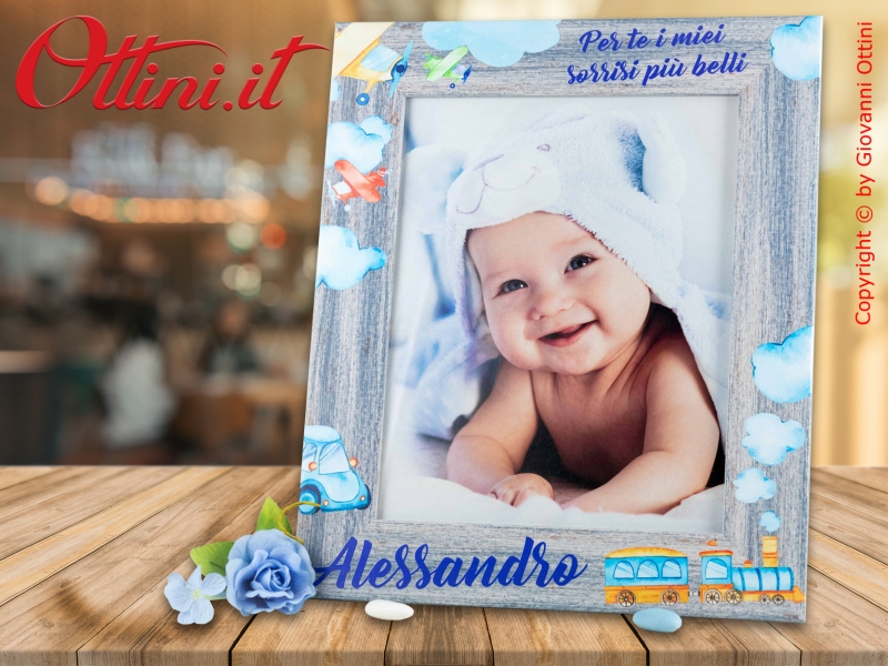 Portafoto bambino bimbo personalizzato per battesimo, comunione e cresima con trenino e automobili