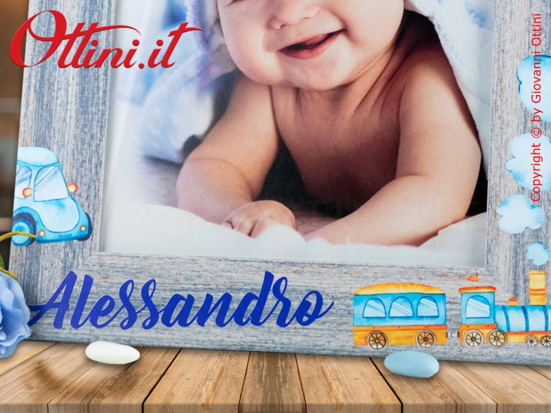 Portafoto bambino bimbo personalizzato per battesimo, comunione e cresima con trenino e automobili