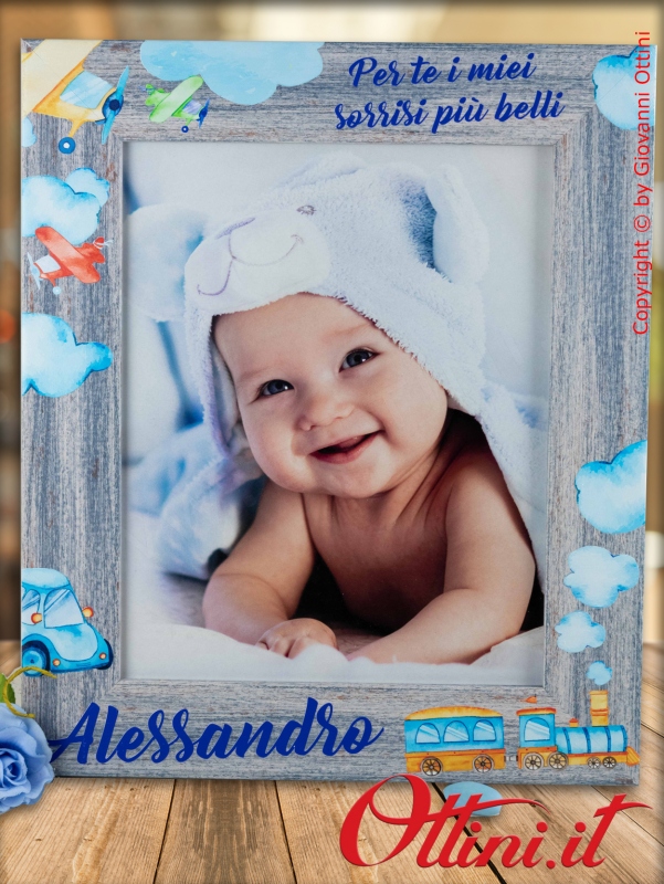 Portafoto bambino bimbo personalizzato per battesimo, comunione e cresima con trenino e automobili