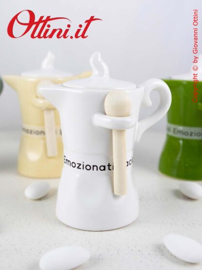 02A071 Barattolo zuccheriera caffettiera Vita Moka realizzato in ceramica smaltata in 4 colori completo di cucchiaino in legno di balsa
