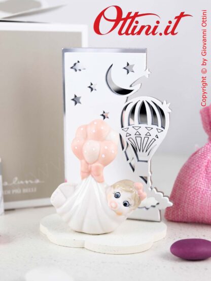 23901M Claraluna - Neonata Baby con Mongolfiera e palloncini. Bomboniera per nascita e battesimo bambina