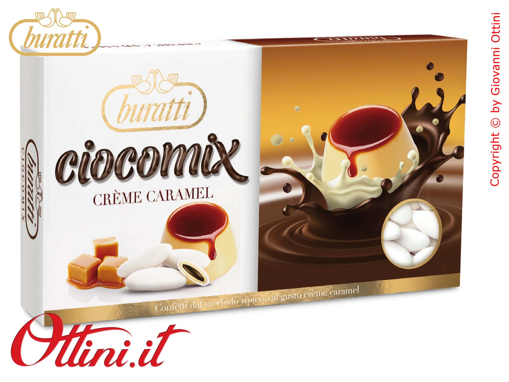 CXCC100 Morbidi Confetti Buratti Ciocomix all'aroma di Crème Caramel con ripieno di cioccolato al latte ricoperto di cioccolato bianco aromatizzato.