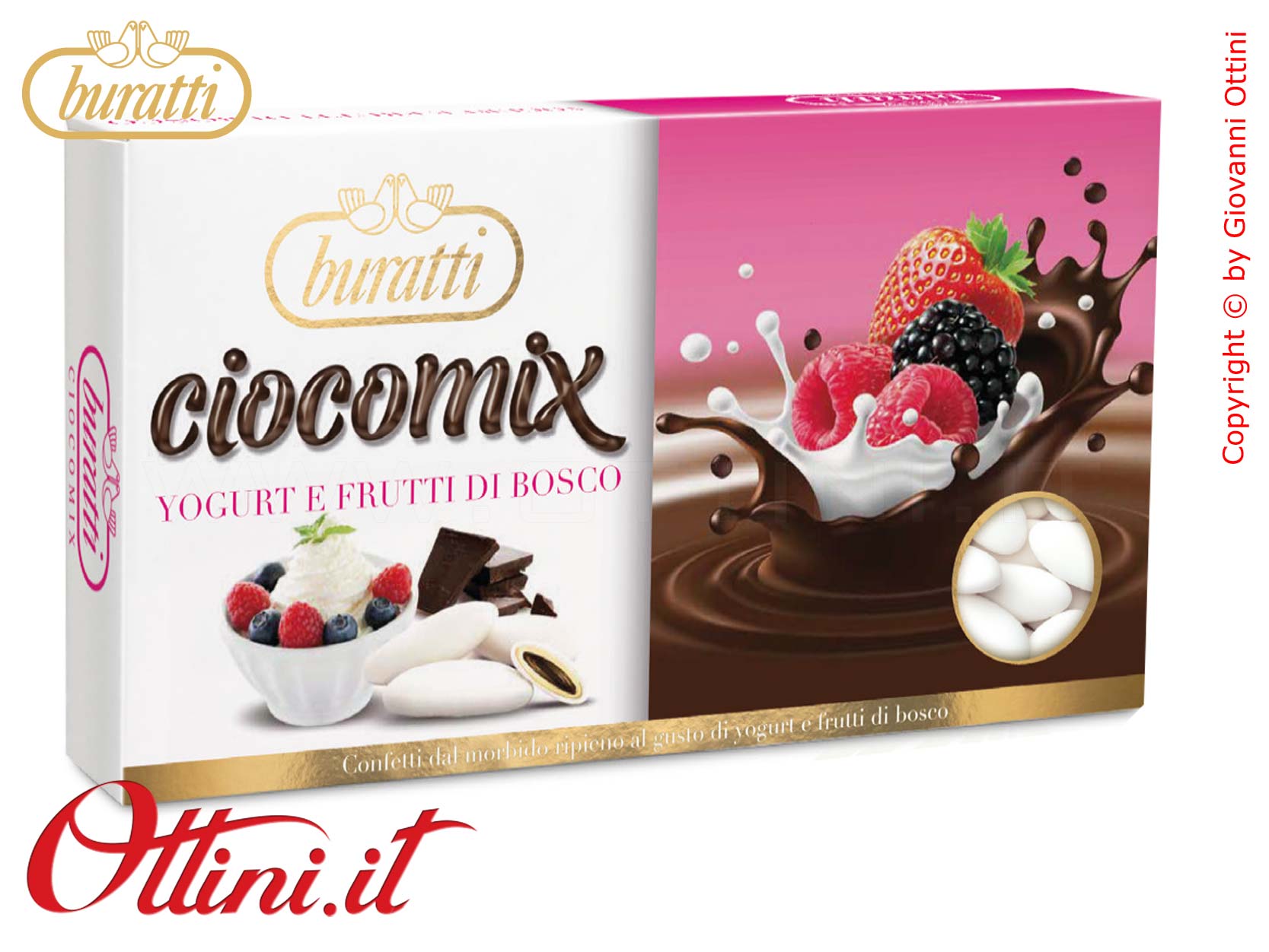 CXSYF100 Morbidi Confetti Buratti Ciocomix all'aroma di Yougurt e Frutti di Bosco con ripieno di cioccolato al latte ricoperto di cioccolato bianco