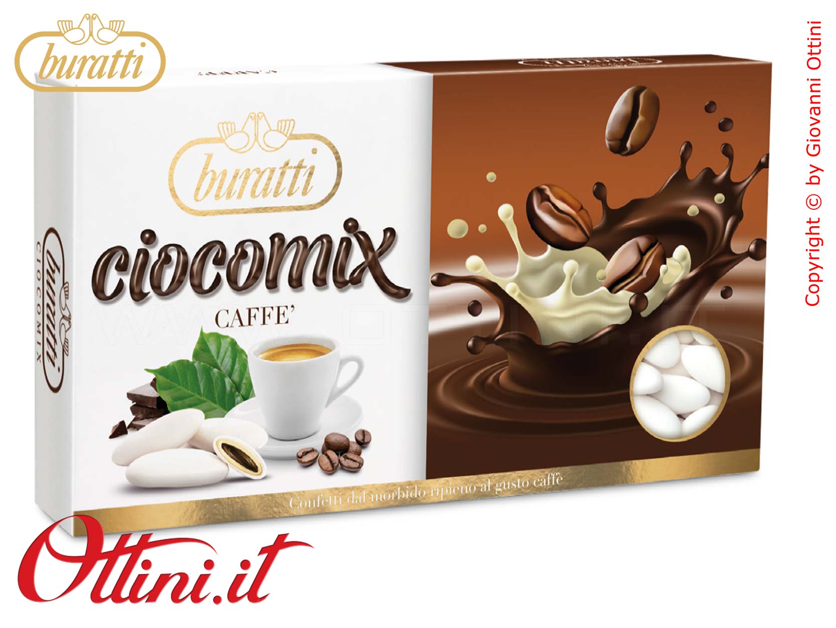 CXCA100 Morbidi Confetti Buratti Ciocomix all'aroma di Caffè con ripieno di cioccolato al latte ricoperto di cioccolato bianco aromatizzato.