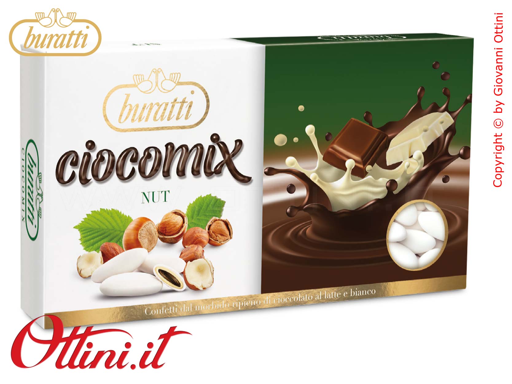 CXNU100 Morbidi Confetti Buratti Ciocomix all'aroma di Nut ...ella con ripieno di cioccolato al latte ricoperto di cioccolato bianco aromatizzato.