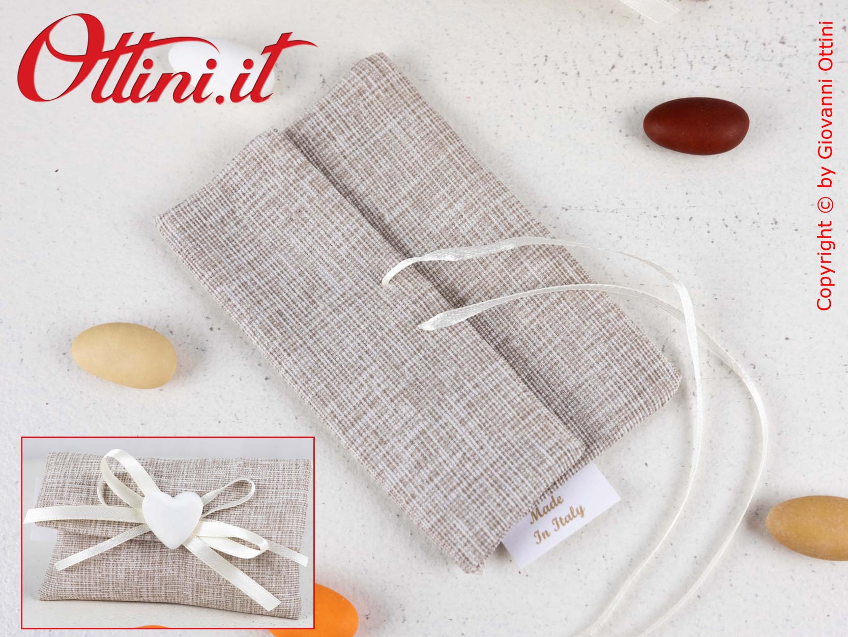 D42BG Bustina Portaconfetti in tessuto di cotone colore Beige completa di nastrino in doppio raso preinfilato. Adatta per Matrimoni e Anniversari Nozze