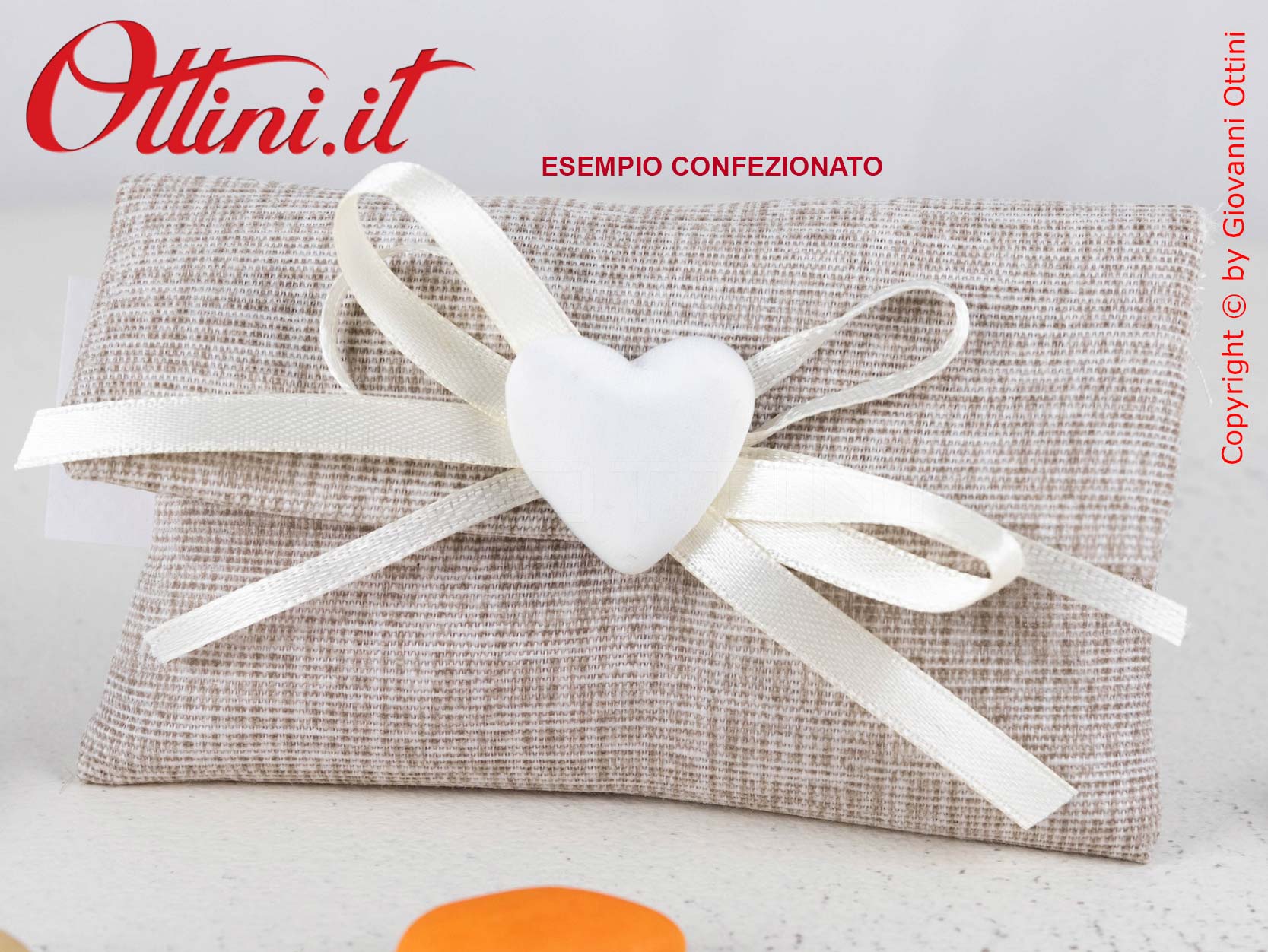 D42BG Bustina Portaconfetti in tessuto di cotone colore Beige completa di nastrino in doppio raso preinfilato. Adatta per Matrimoni e Anniversari Nozze