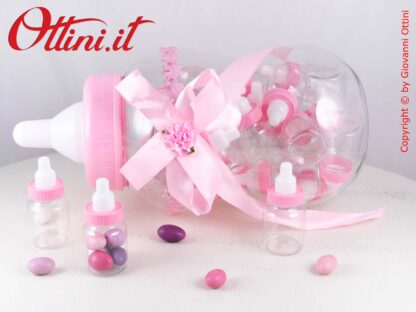 Bomboniera Maxi Biberon Salvadanaio con decori rosa completo di 30 mini biberon porta confetti per nascita e battesimo Bambina
