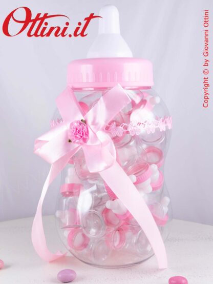 Bomboniera Maxi Biberon Salvadanaio con decori rosa completo di 30 mini biberon porta confetti per nascita e battesimo Bambina