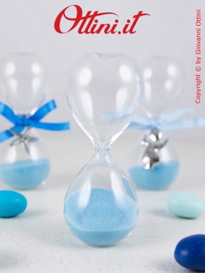 TB1652 Clessidra con sabbia Azzurra ultrafine alta 10 cm, bomboniere eleganti a tema tempo personalizzabili per matrimoni e tutti gli anniversari