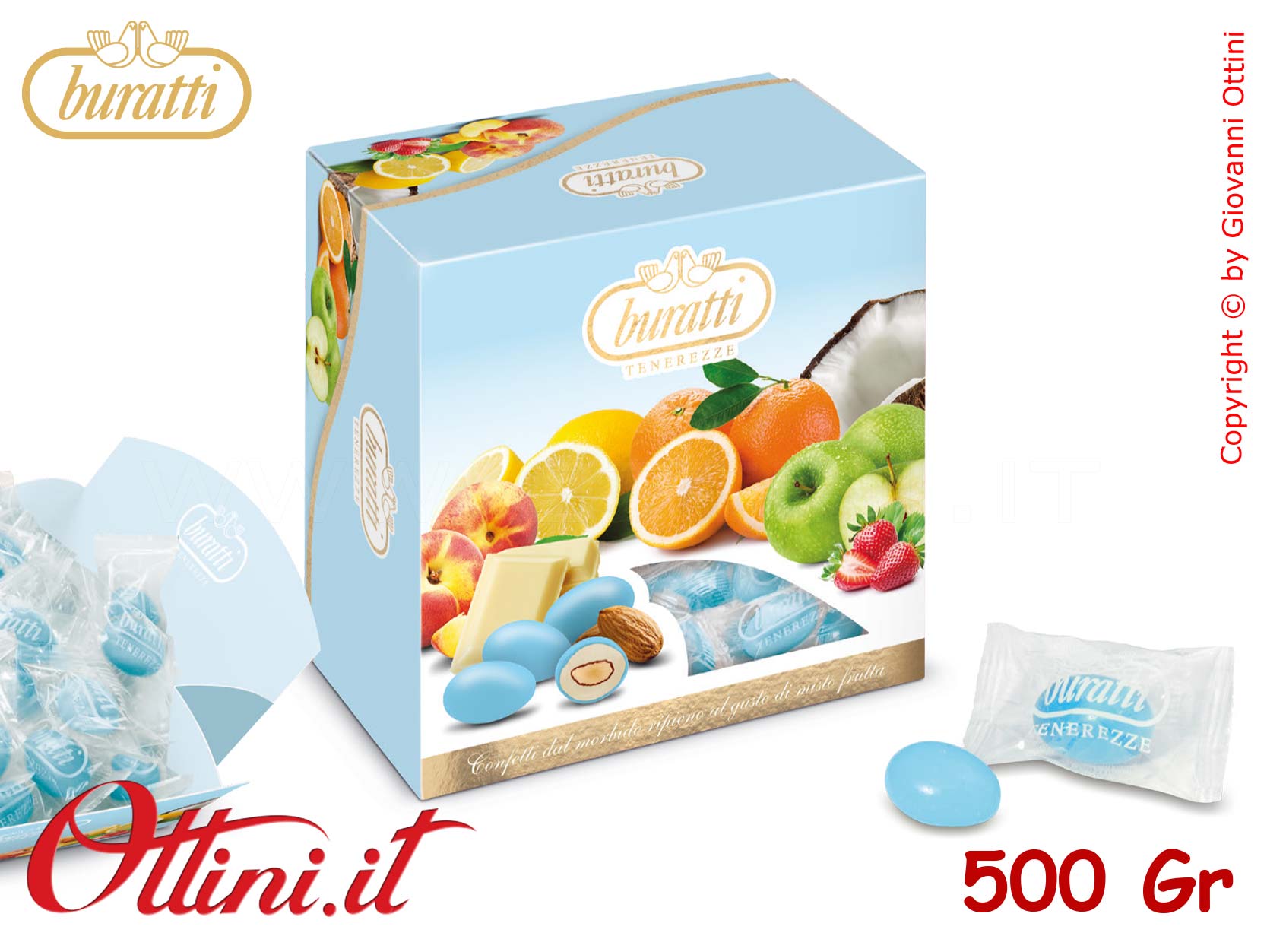 Confetti Buratti Tenerezze Azzurre Incartate Monodose Frutta Mista con mandorla ricoperta di Cioccolato Bianco Aromatizzato - Senza Glutine