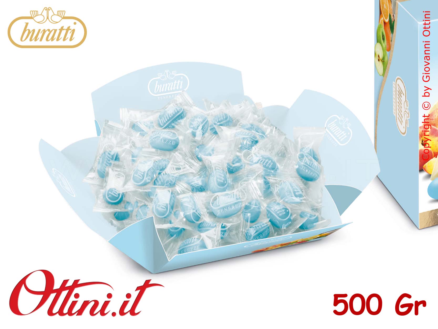 Confetti Buratti Tenerezze Azzurre Incartate Monodose Frutta Mista con mandorla ricoperta di Cioccolato Bianco Aromatizzato - Senza Glutine